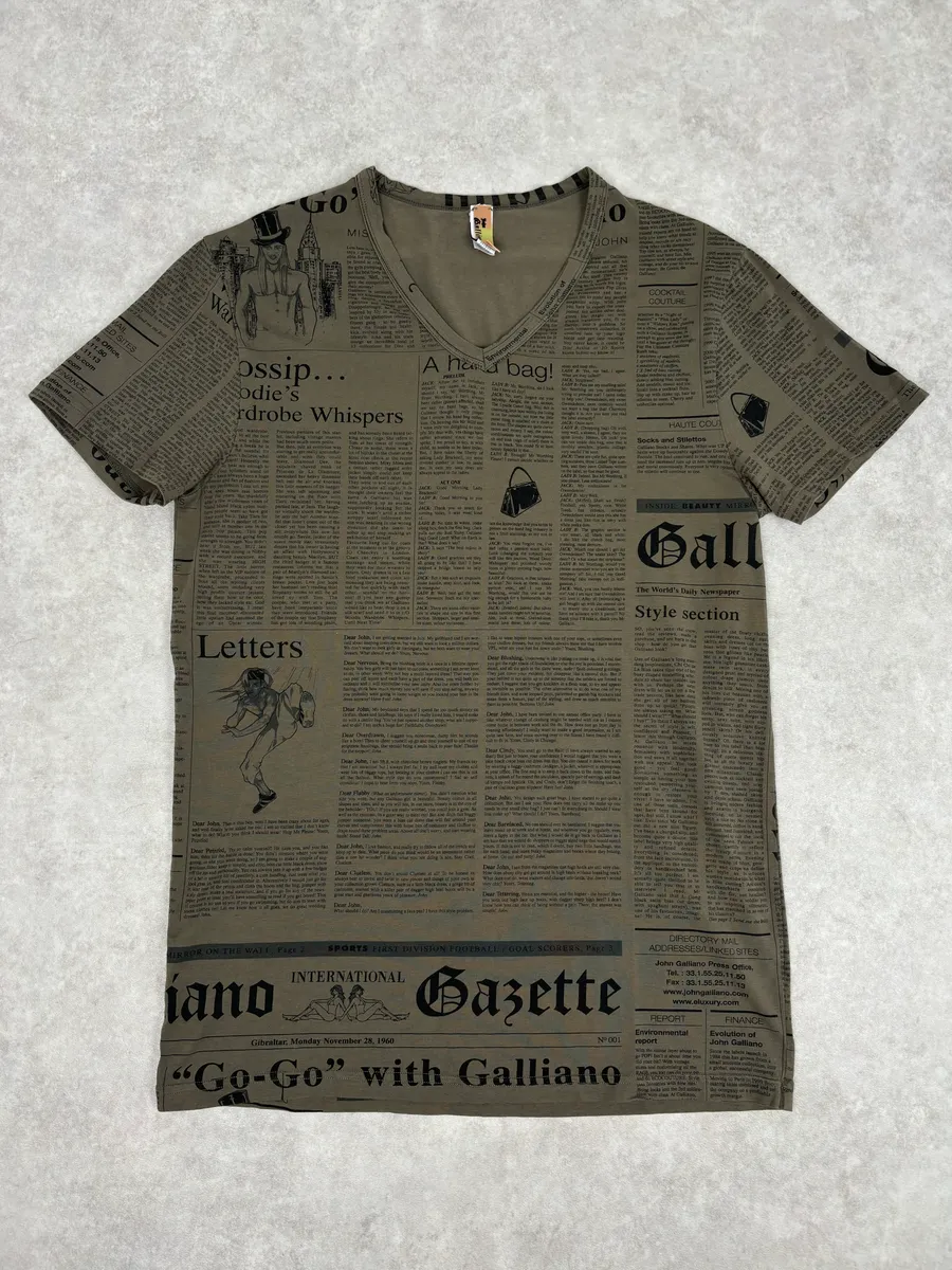 SS2008 John Galliano Khaki Newspaper V Neck T-Shirt