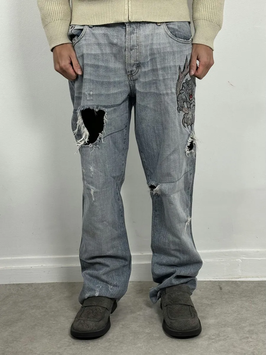 SS2009 Cavalli Tiger Embroidery Blue Distressed Denim Jeans - Image 3