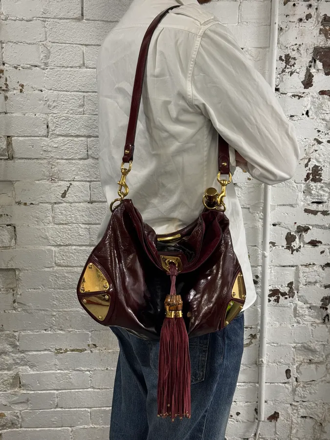 SS2009 Gucci Indy Bordeaux Red Patent Leather Bamboo Handle Bag - Image 3