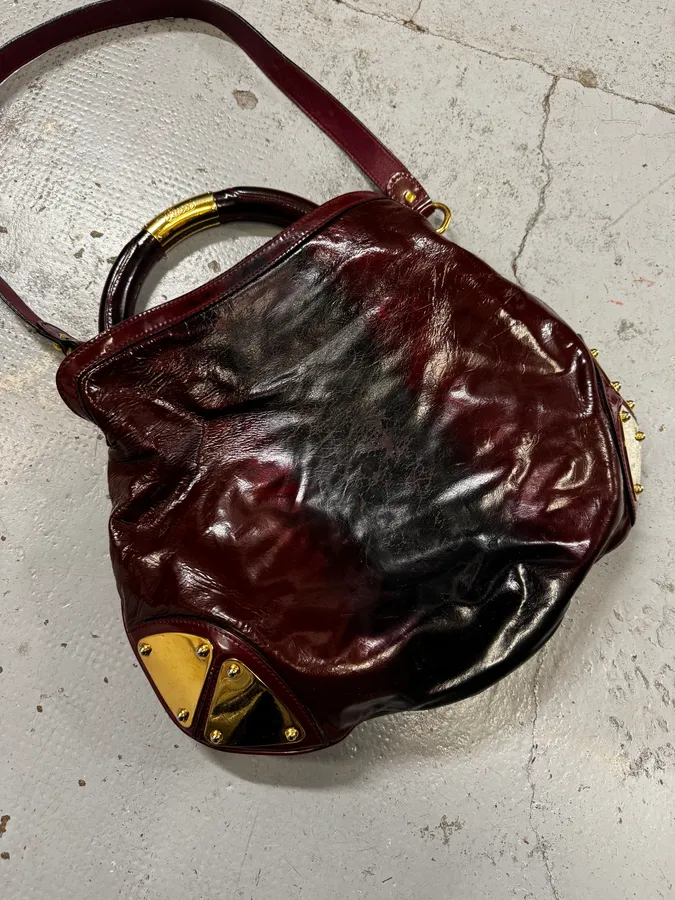SS2009 Gucci Indy Bordeaux Red Patent Leather Bamboo Handle Bag - Image 9