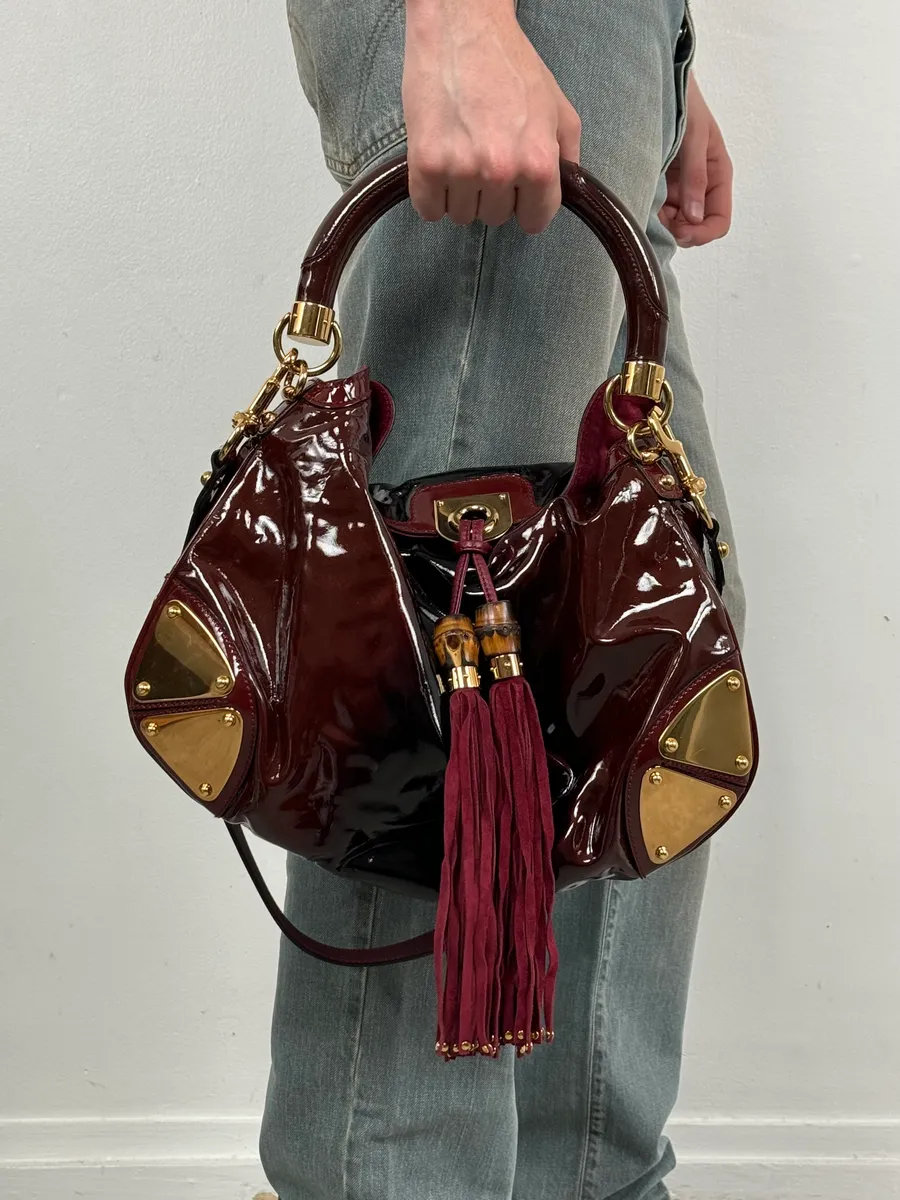 SS2009 Gucci Indy Bordeaux Red Patent Leather Bamboo Handle Bag
