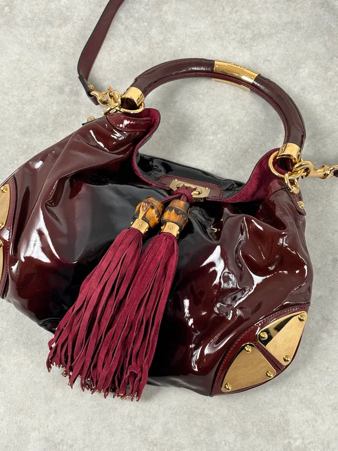 SS2009 Gucci Indy Bordeaux Red Patent Leather Bamboo Handle Bag - Image 12