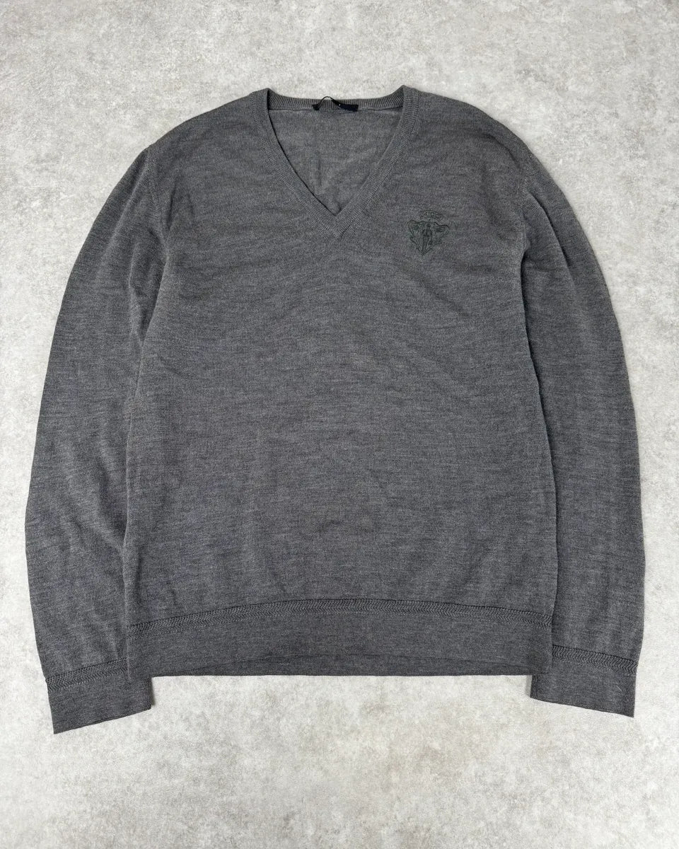 SS2009 Gucci Grey Embroidered Knight Logo V-Neck Sweater