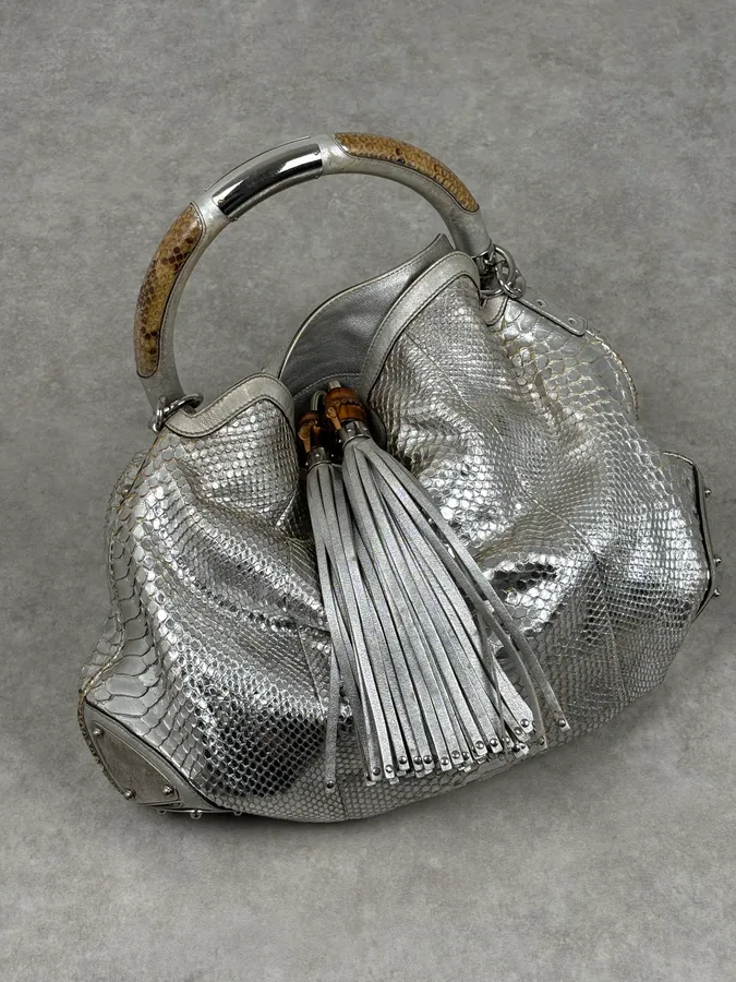 SS2009 Gucci “Indy” Bamboo Silver Metallic Python Hobo Bag by Frida Giannini - Image 9