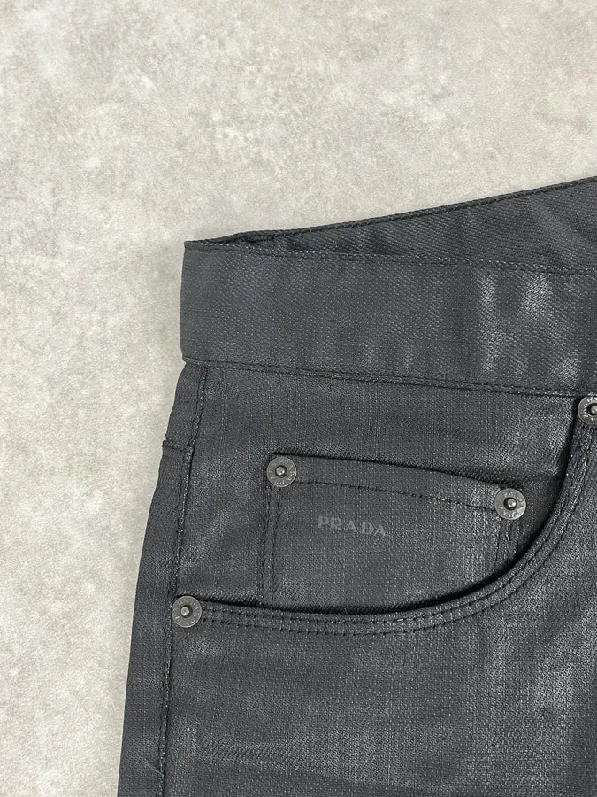 SS2009 Prada Black Obscure Tapered Slim Waxed Effect Denim Jeans - Image 10
