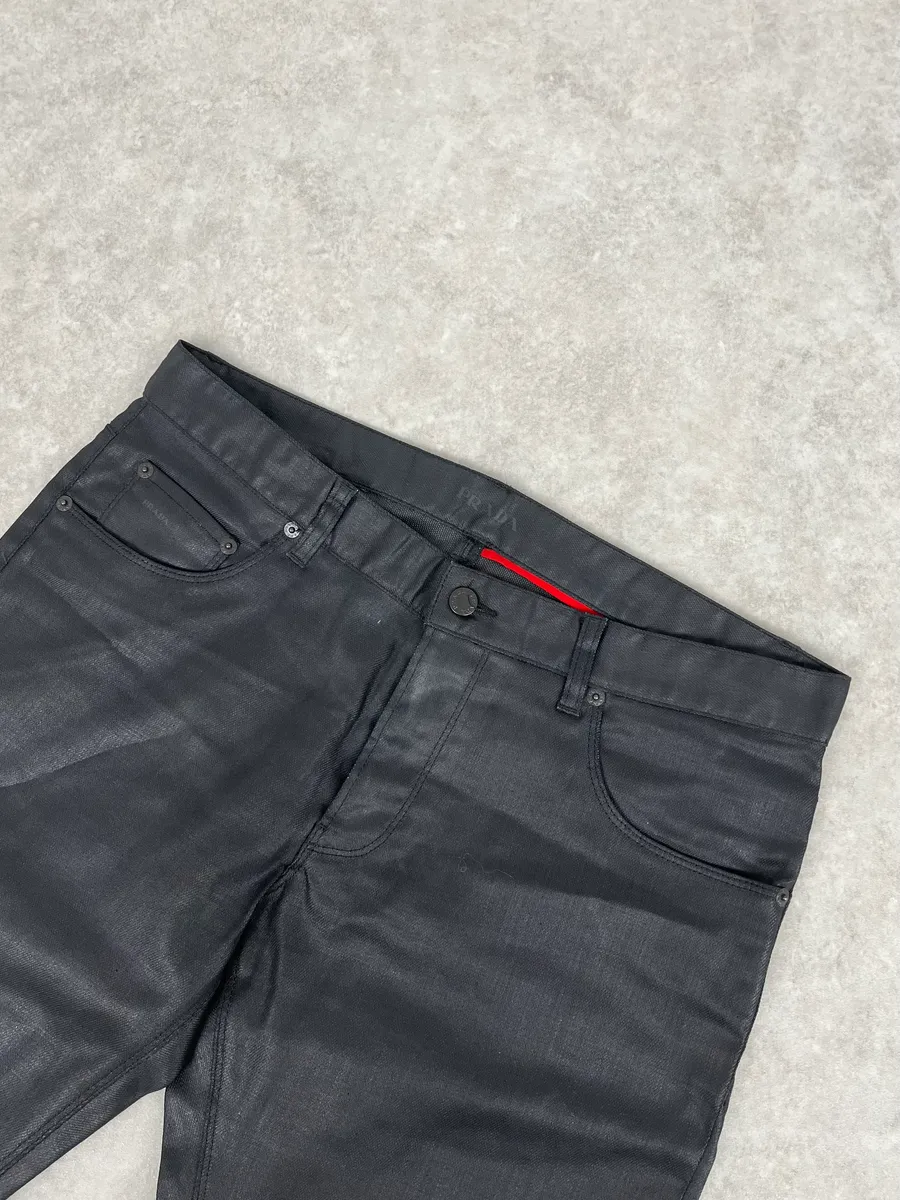 SS2009 Prada Black Obscure Tapered Slim Waxed Effect Denim Jeans - Image 5