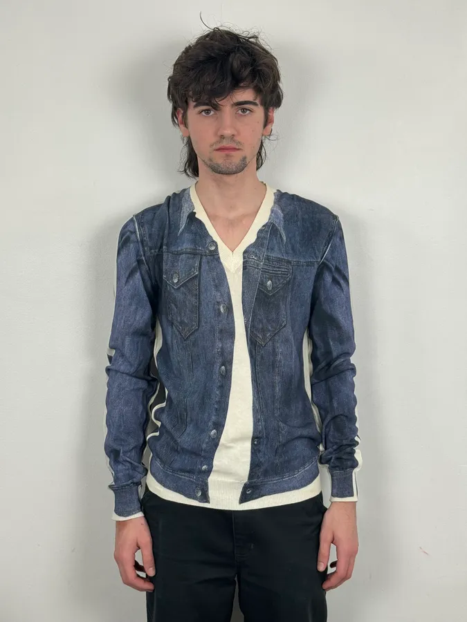 SS2010 Dolce & Gabbana Blue Denim Trompe-loeil V Neck Sweater - Image 2