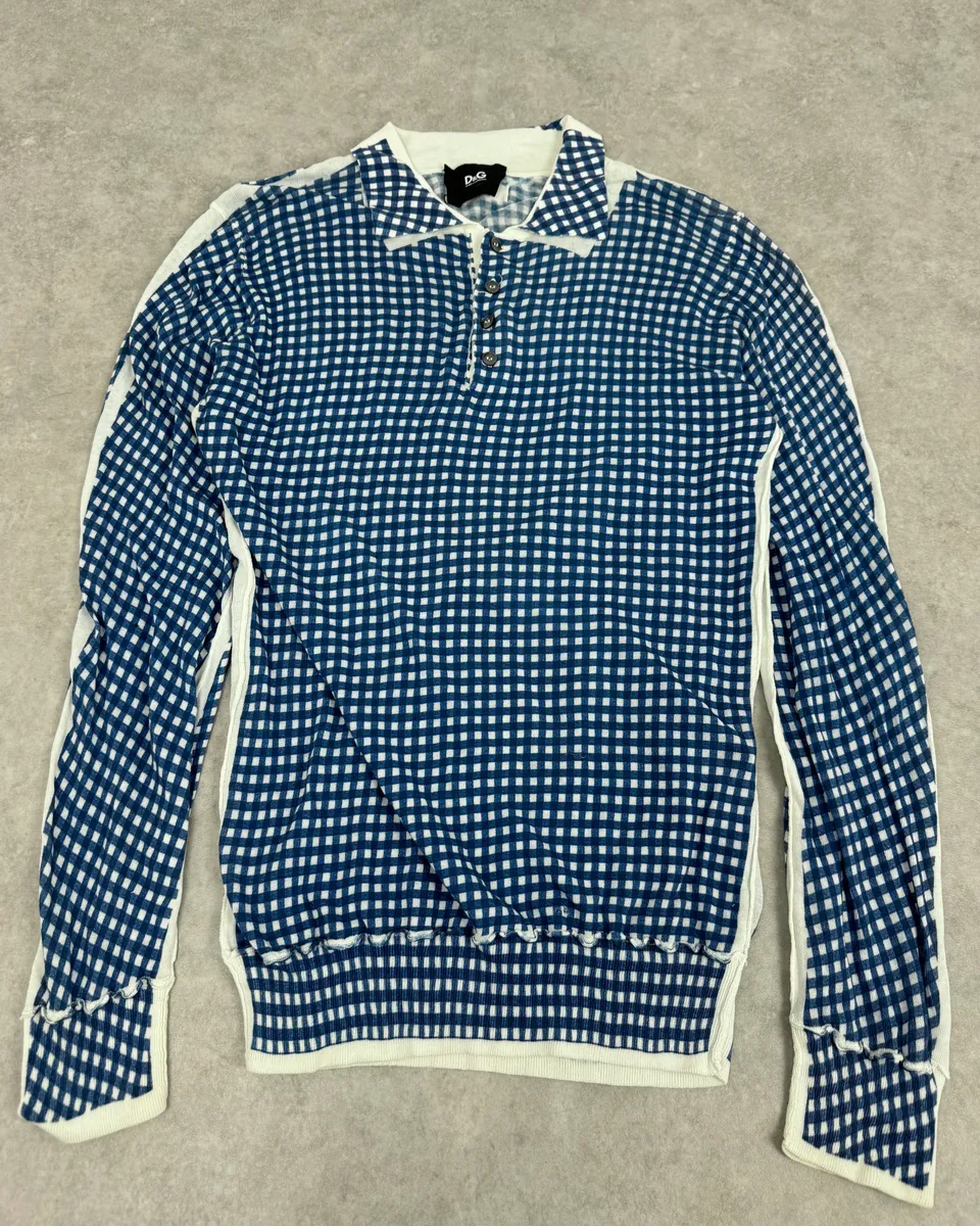 SS2010 Dolce & Gabbana Blue & White Checkered Trompe L’oeil Polo