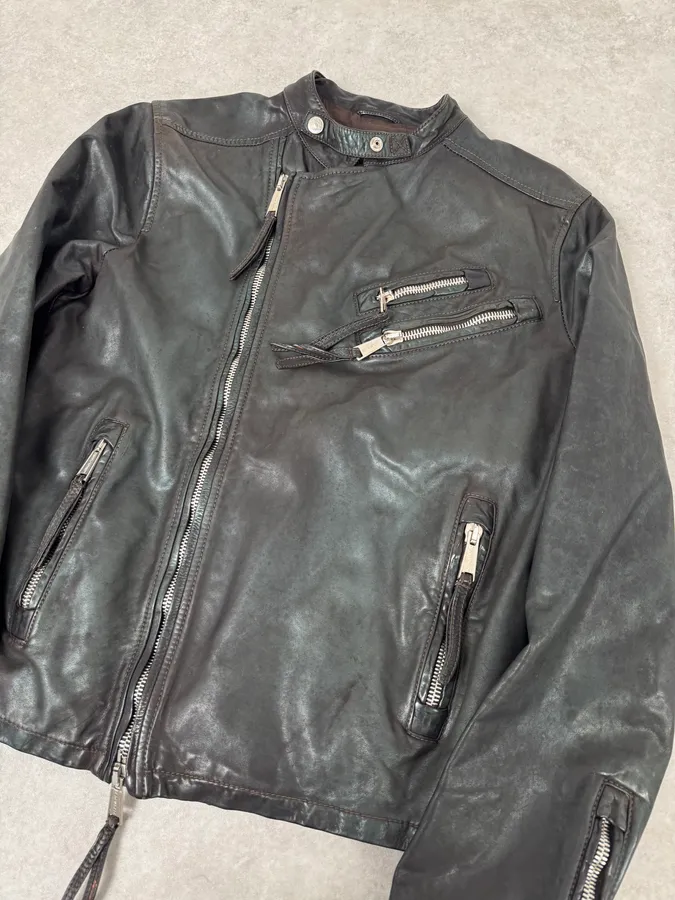 SS2010 Dsquared2 Biker Asymmetrical Black Gren Leather Jacket - Image 4