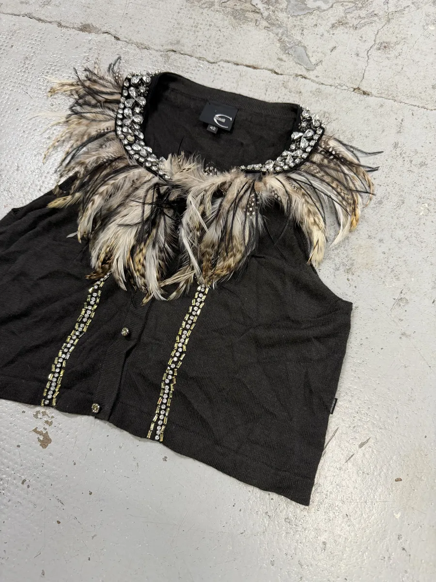 SS2011 Cavalli Black Faux Feather Tank Top - Image 2