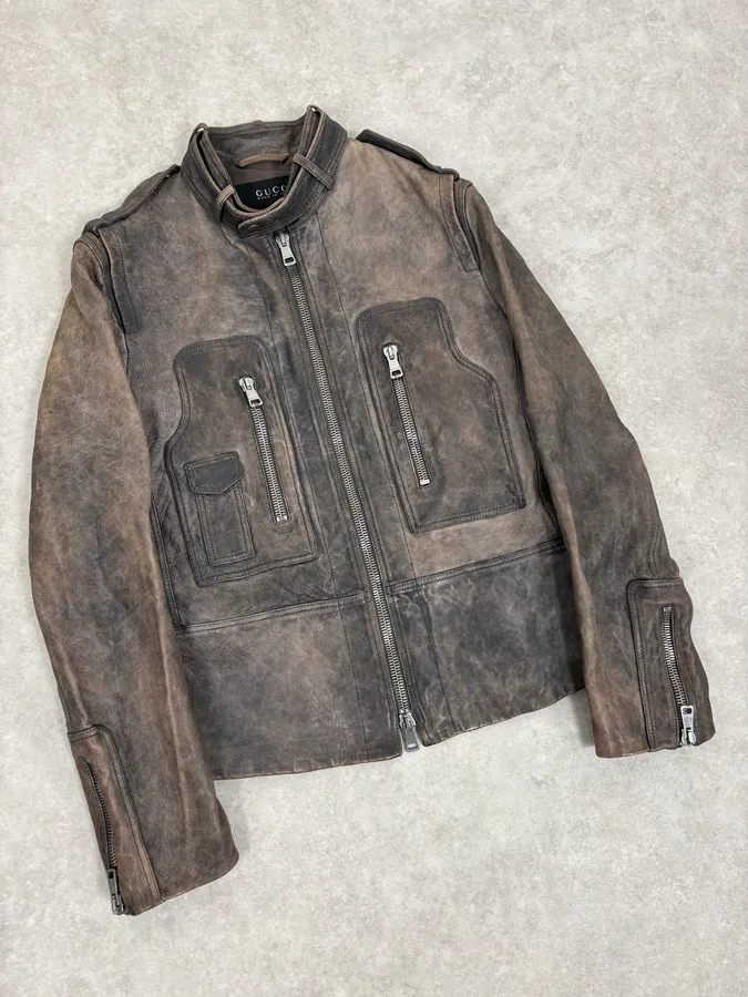 SS2011 Gucci Brown Eroded Leather Premium Jacket by Frida Giannini - Image 5