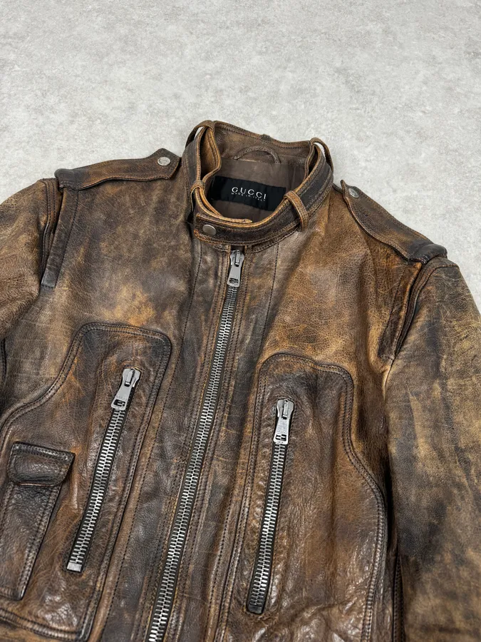 SS2011 Gucci Brown Eroded Leather Premium Jacket by Frida Giannini - Image 5