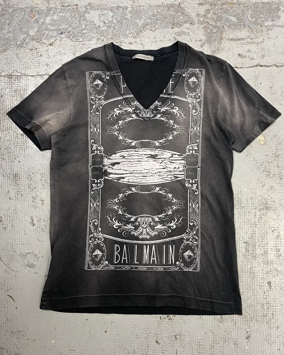 SS2012 Balmain Ornamental Print V-Neck Faded Grey T-Shirt