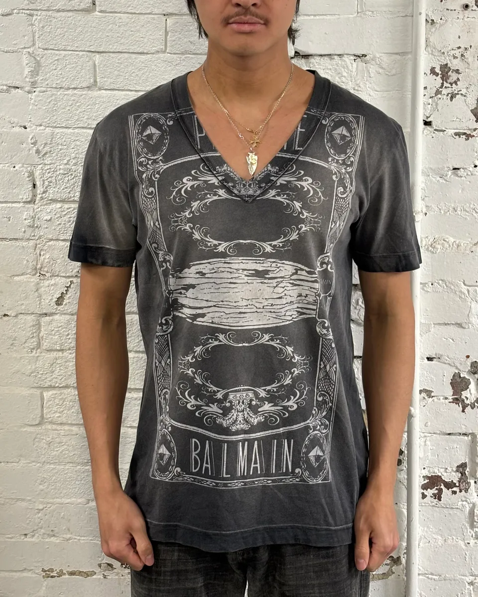 SS2012 Balmain Ornamental Print V-Neck Faded Grey T-Shirt - Image 2