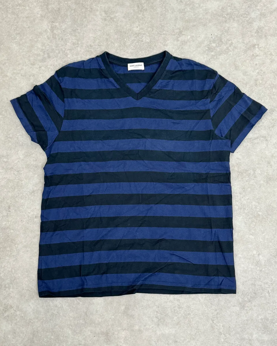 SS2012 Saint Laurent Blue & Black Striped V Neck T-Shirt by Hedi Slimane