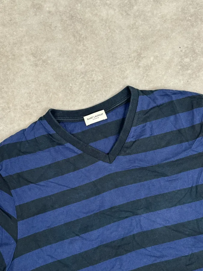 SS2012 Saint Laurent Blue & Black Striped V Neck T-Shirt by Hedi Slimane - Image 5