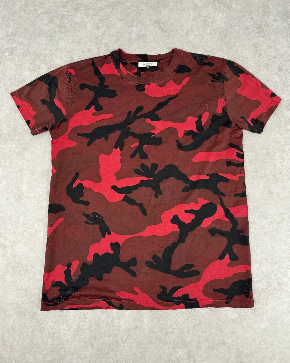 SS2012 Valentino Red Military Camouflage Distressed T-Shirt