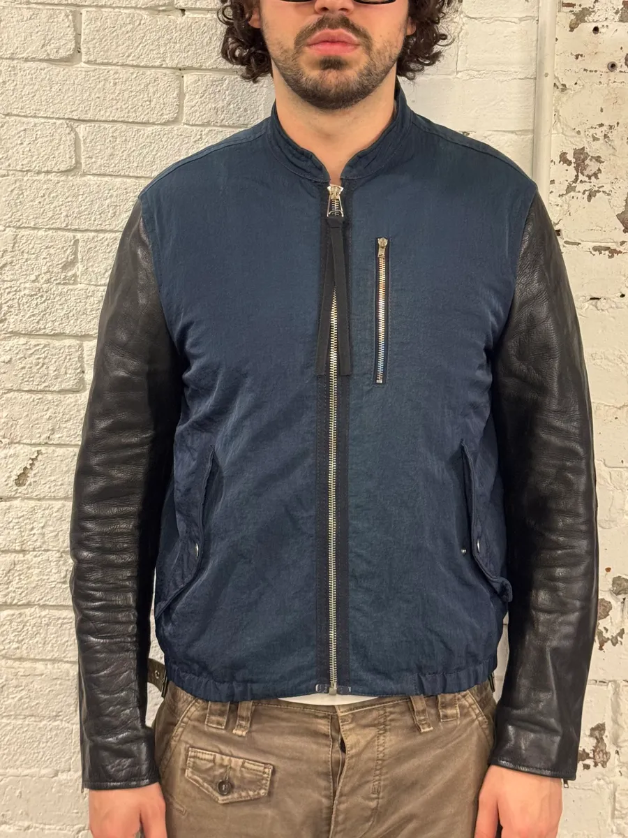 SS2013 Acne Studios Constrast Hybrid Leather & Nylon Navy Bomber Jacket - Image 2