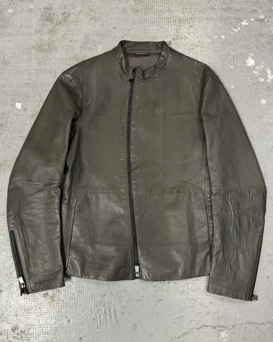 SS2014 Emporio Armani Asymmetrical Brut Grey Leather Jacket