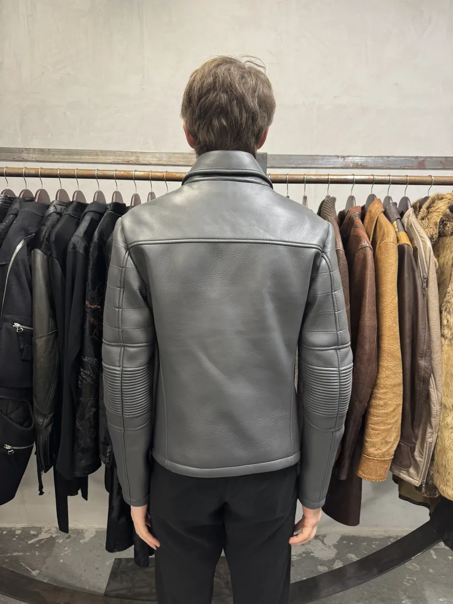 SS2014 Emporio Armani Asymmetrical Grey Biker Leather Jacket - Image 4