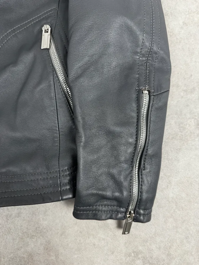 SS2014 Emporio Armani Asymmetrical Petrol Grey Leather Jacket - Image 10