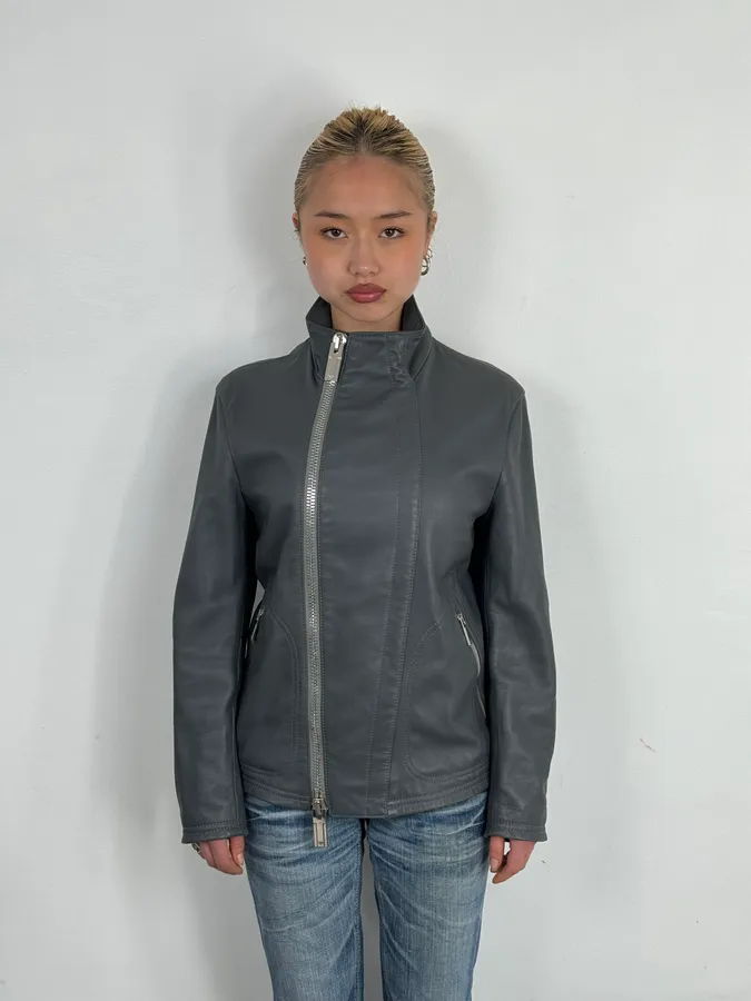 SS2014 Emporio Armani Asymmetrical Petrol Grey Leather Jacket - Image 3