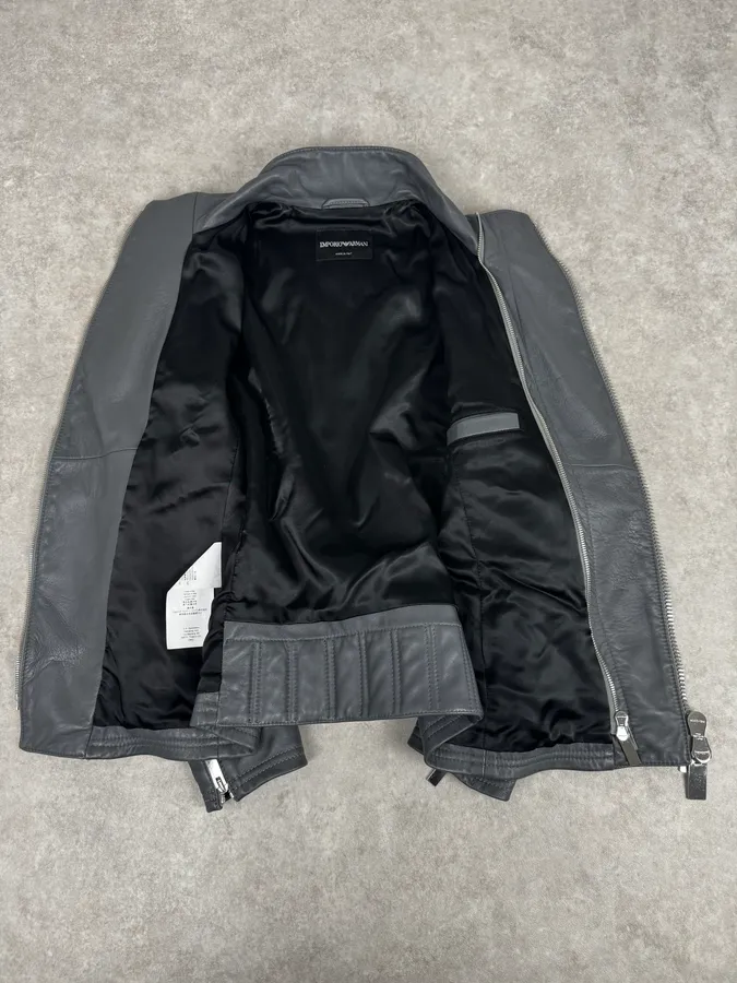 SS2014 Emporio Armani Asymmetrical Petrol Grey Leather Jacket - Image 9