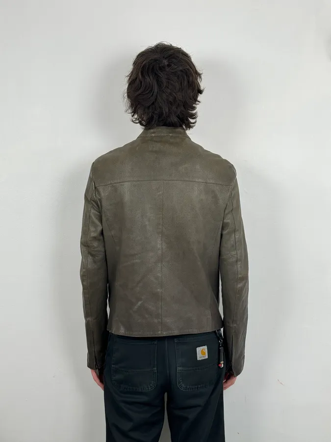 SS2014 Emporio Armani Asymmetrical Zip Perfored Grey Leather Jacket - Image 3