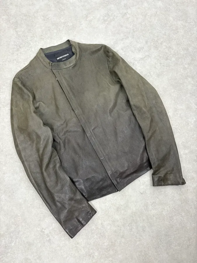 SS2014 Emporio Armani Asymmetrical Zip Perfored Grey Leather Jacket - Image 4