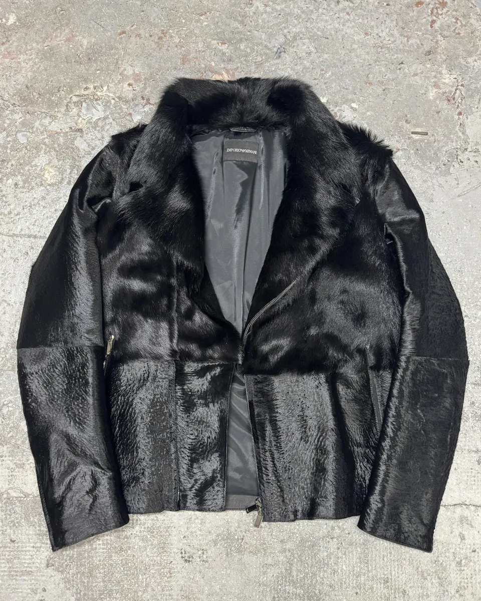 SS2014 Emporio Armani Black Baby Calf Skin Fur Asymmetrical Jacket - Image 5