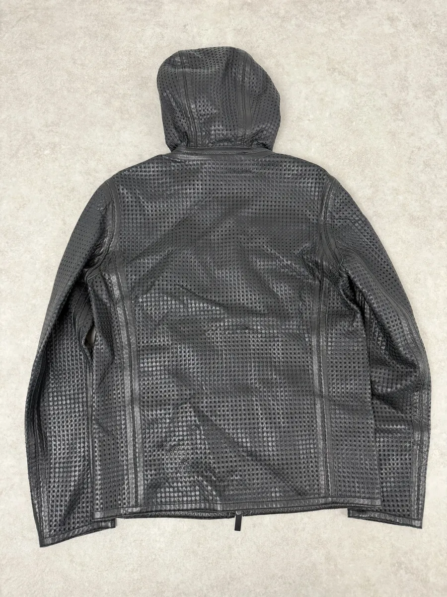 SS2014 Emporio Armani Black Perfored Hooded Leather Jacket - Image 2