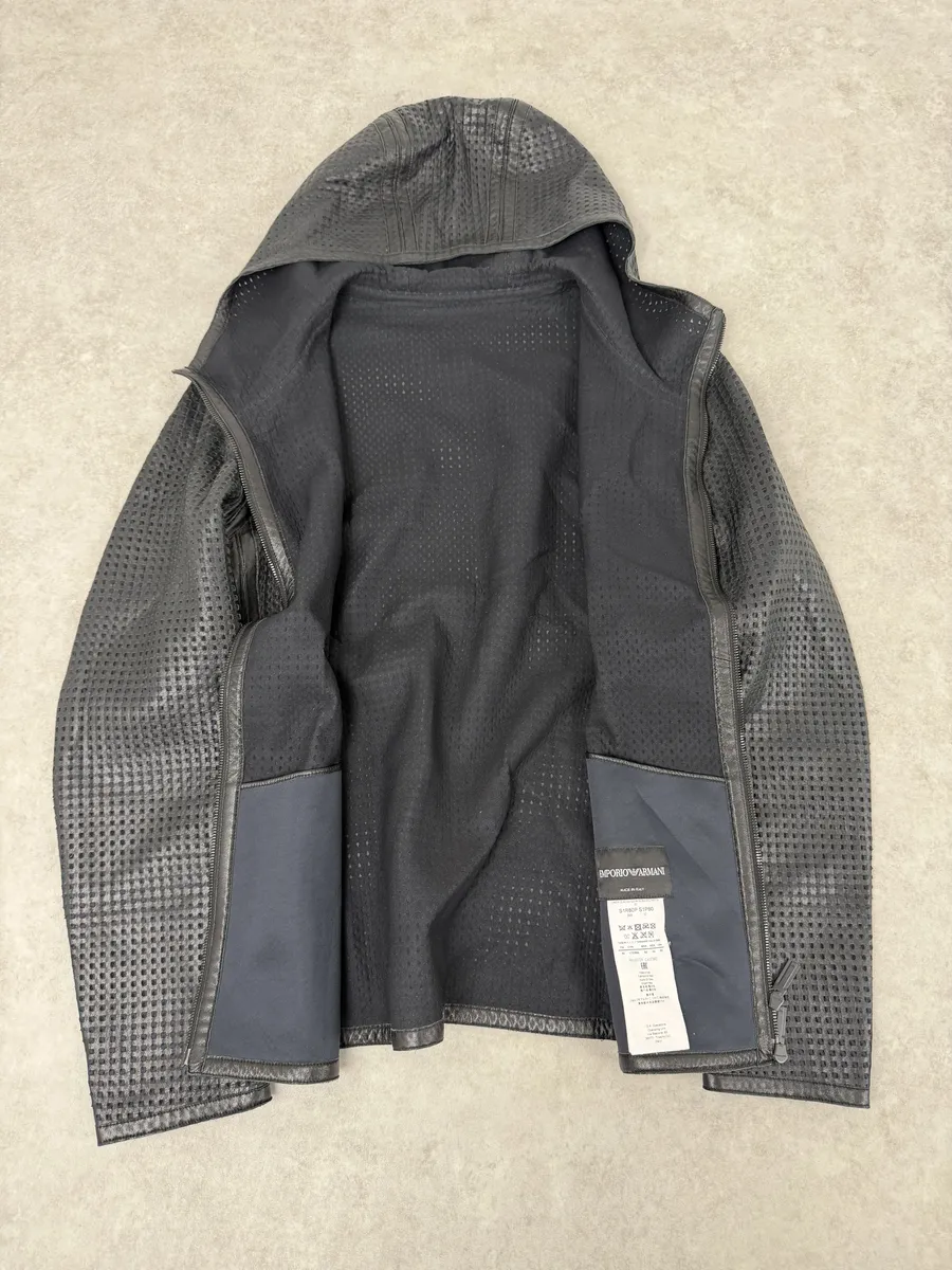 SS2014 Emporio Armani Black Perfored Hooded Leather Jacket - Image 3