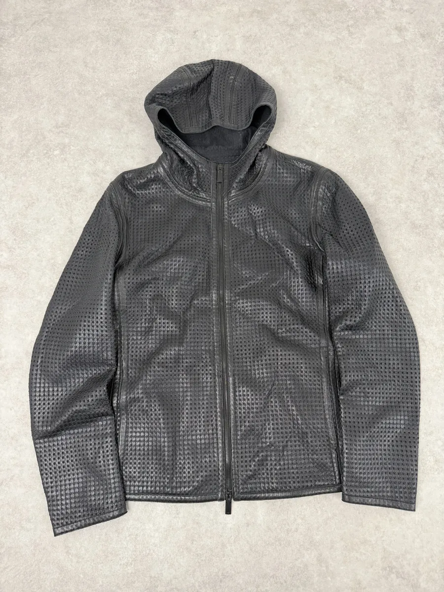 SS2014 Emporio Armani Black Perfored Hooded Leather Jacket - Image 4