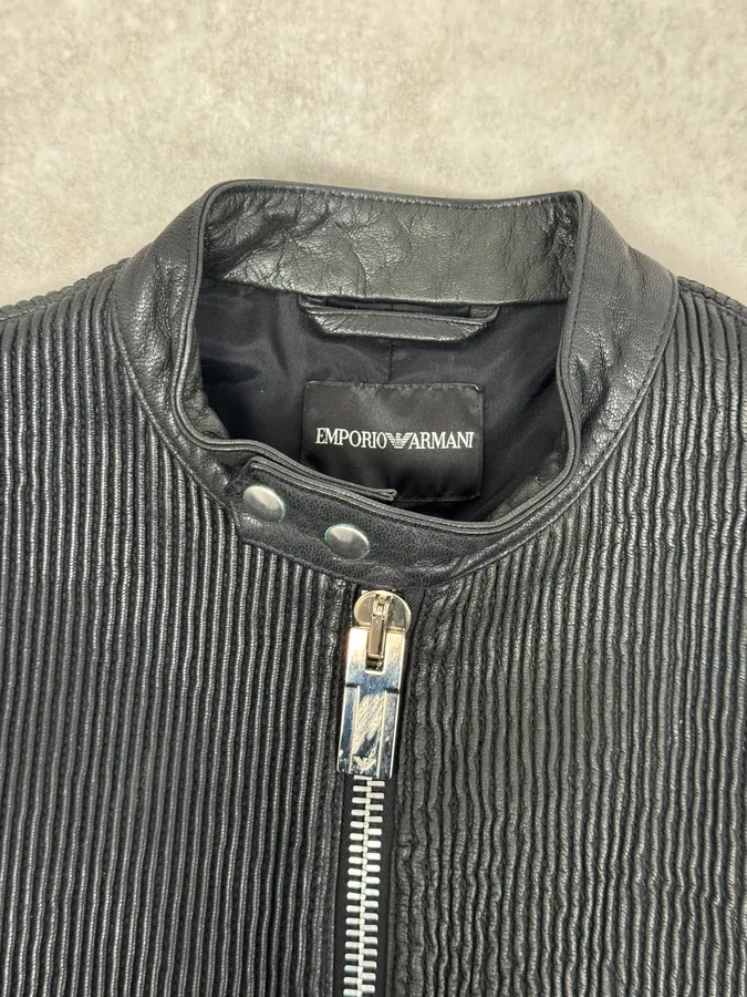 SS2014 Emporio Armani Black Pleated Leather Jacket - Image 3