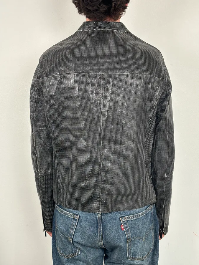 SS2014 Emporio Armani Dark Grey Leather Perforated Laser-Cut Jacket - Image 4