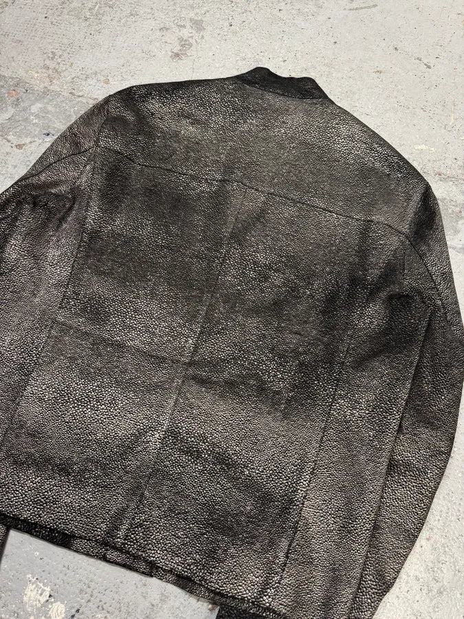 SS2014 Emporio Armani Grey Grained Asymmetrical Biker Leather Jacket - Image 6