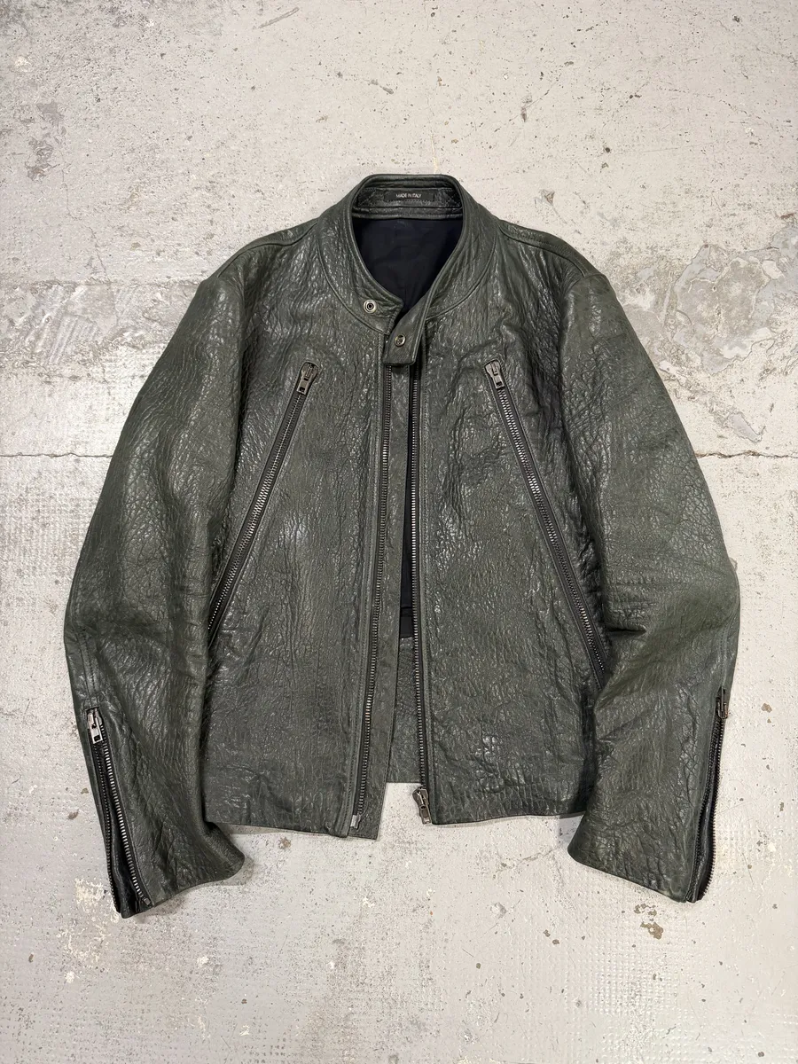 SS2014 Maison Margiela Dark Green 5 Zip Biker Grained Leather Jacket - Image 5