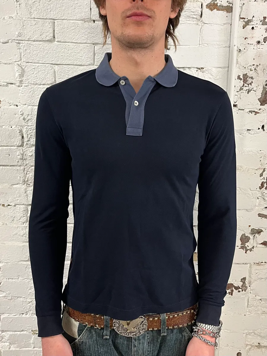 SS2014 Prada Navy Cotton Contrast Collar Longsleeve Polo - Image 2