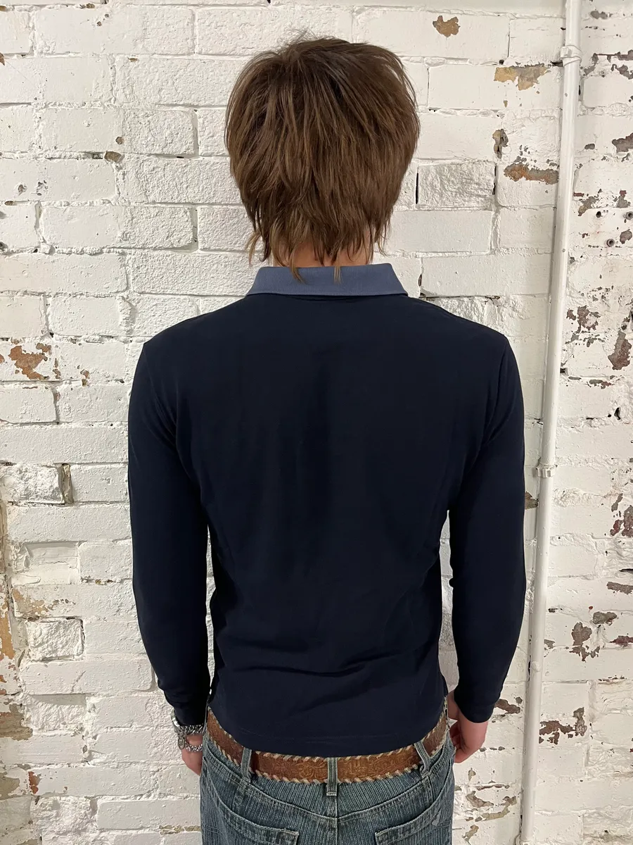 SS2014 Prada Navy Cotton Contrast Collar Longsleeve Polo - Image 3