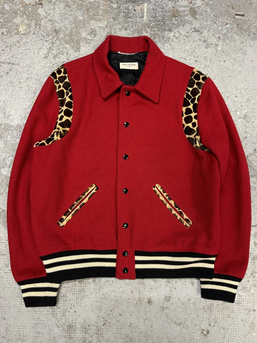 SS2014 Saint Laurent Red Cheetah Pony Hair Varsity Teddy Jacket - Image 4