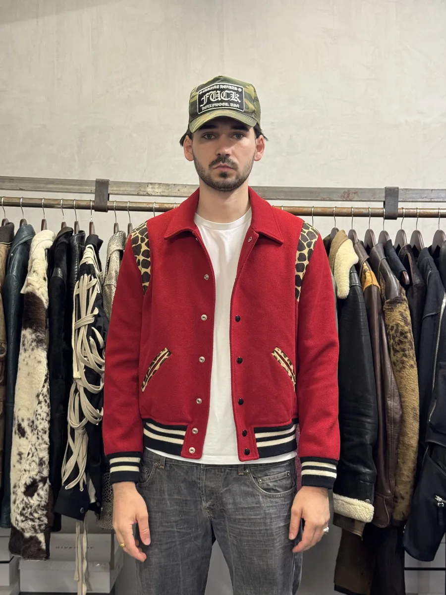 SS2014 Saint Laurent Red Cheetah Pony Hair Varsity Teddy Jacket - Image 5