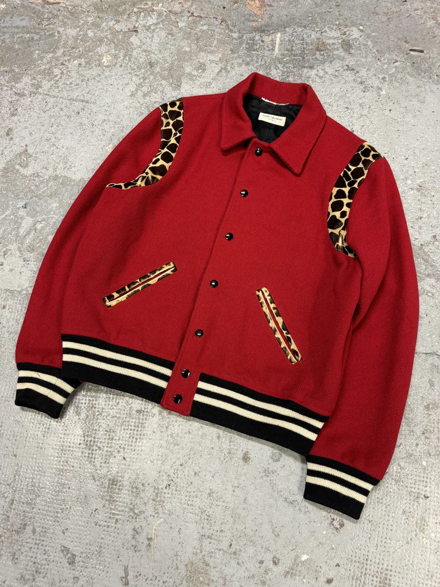 SS2014 Saint Laurent Red Cheetah Pony Hair Varsity Teddy Jacket - Image 9