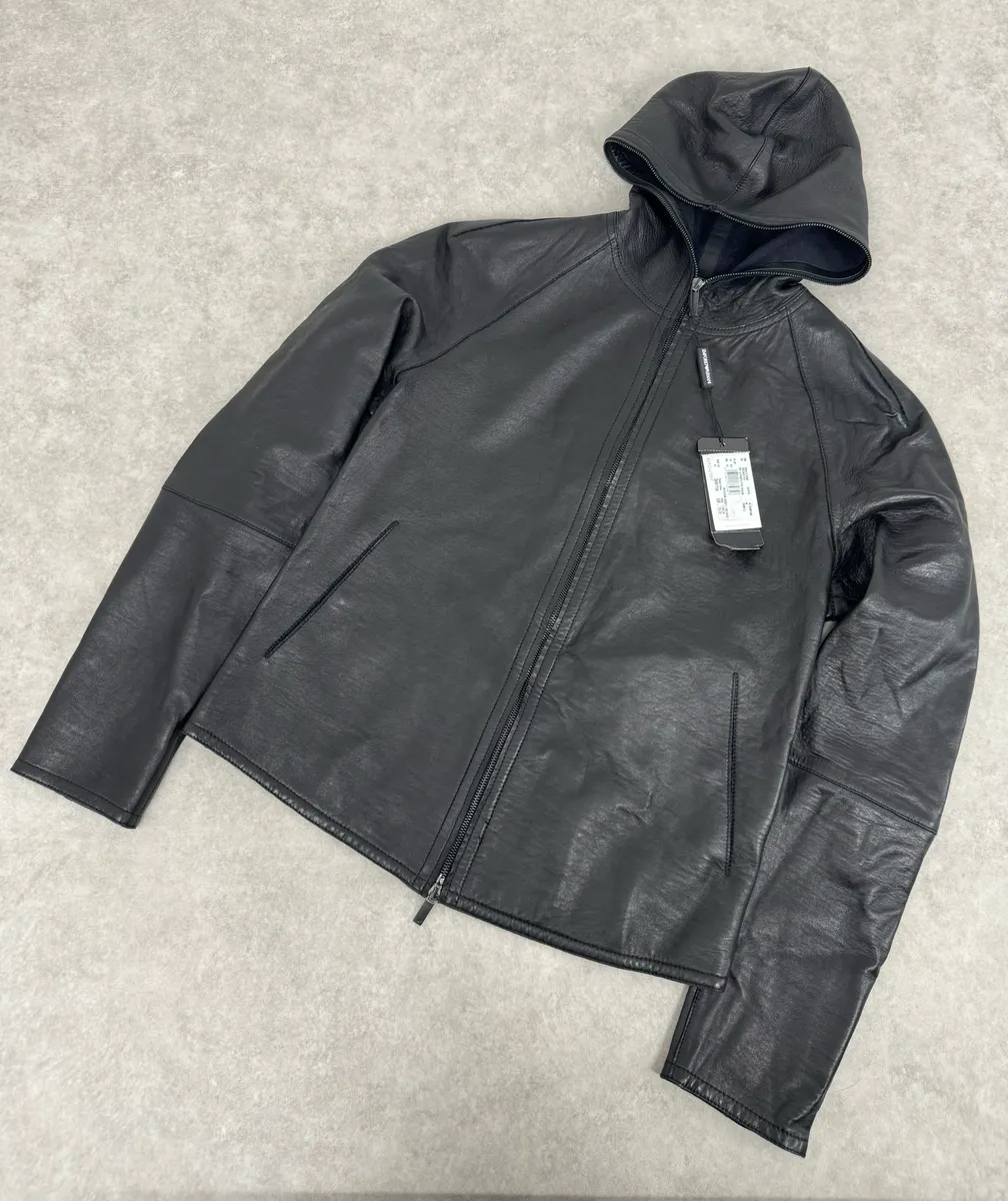 SS2015 Emporio Armani Black Leather Hooded Jacket - Image 5