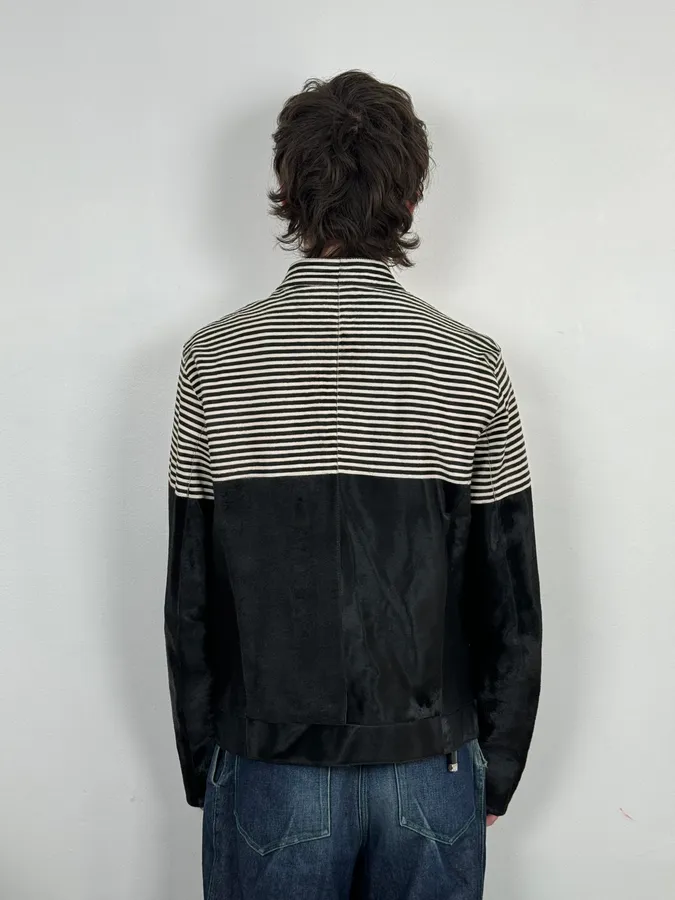 SS2015 Emporio Armani Black Pony Hair White Stripes Leather Biker Jacket - Image 4