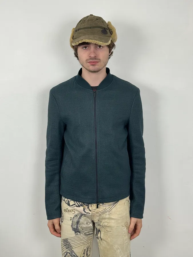 SS2015 Emporio Armani Green Waffled Leather Biker Jacket - Image 2