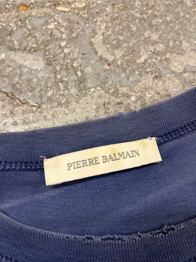 SS2015 Pierre Balmain Royal Blue Distressed T-Shirt - Image 8