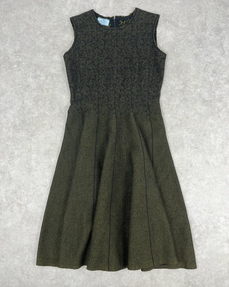 SS2015 Prada Black & Yellow Pixel Wool Fit-and-Flare Dress