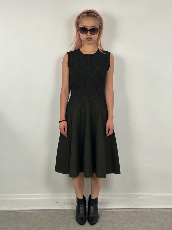 SS2015 Prada Black & Yellow Pixel Wool Fit-and-Flare Dress - Image 2