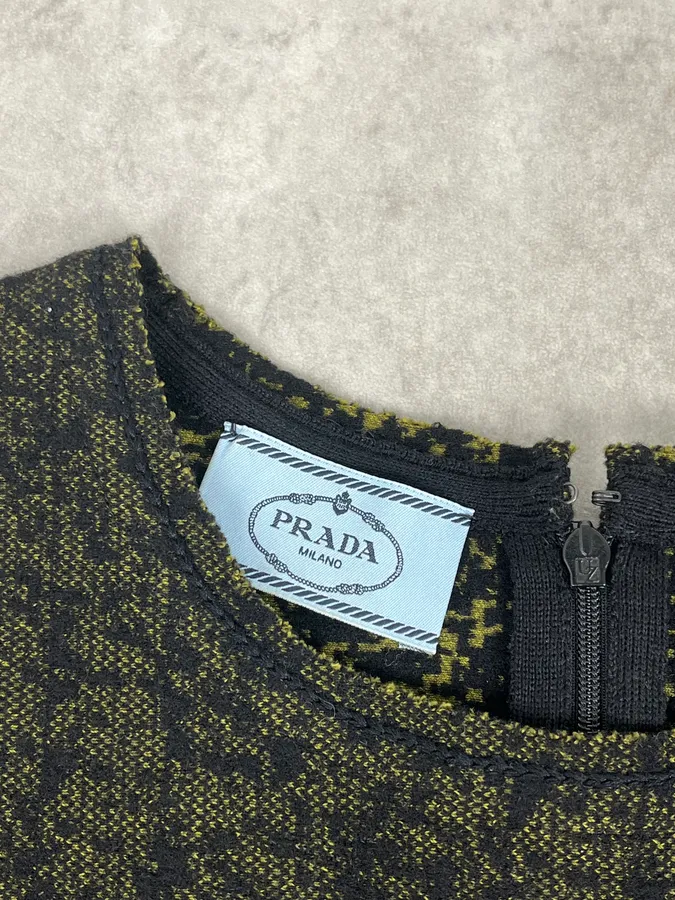 SS2015 Prada Black & Yellow Pixel Wool Fit-and-Flare Dress - Image 9