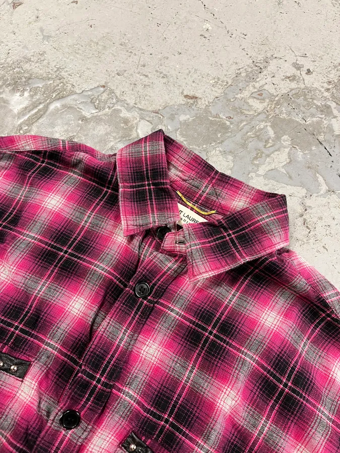 SS2015 Saint Laurent Pink Checkered Flannel Rock Shirt - Image 5